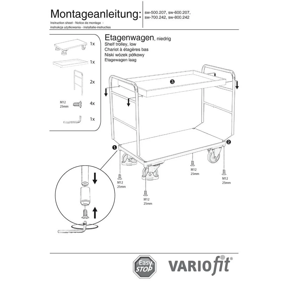 Etagenwagen mit 1 Tablett und 1 Boden 250 kg Traglast Typ XL + EasySTOP-1