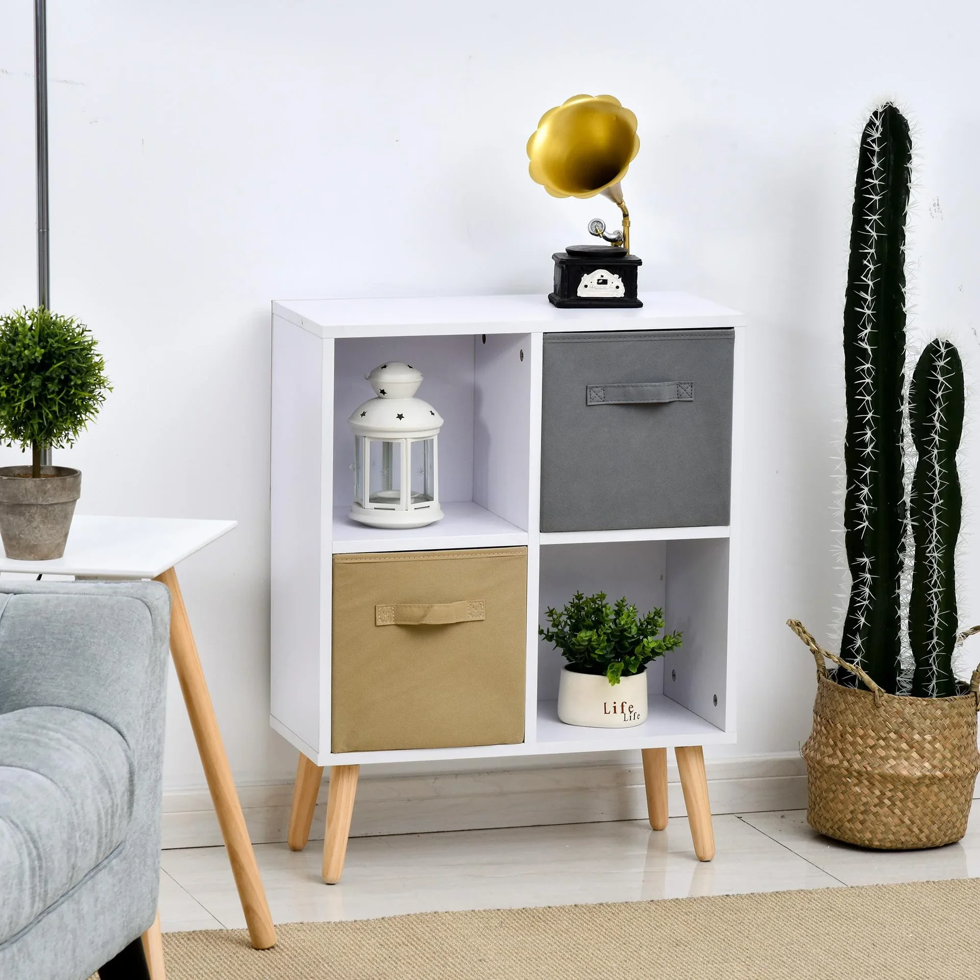 Würfelschrank mit 2 offenen Fächern und 2 Stoffschubladen - 0