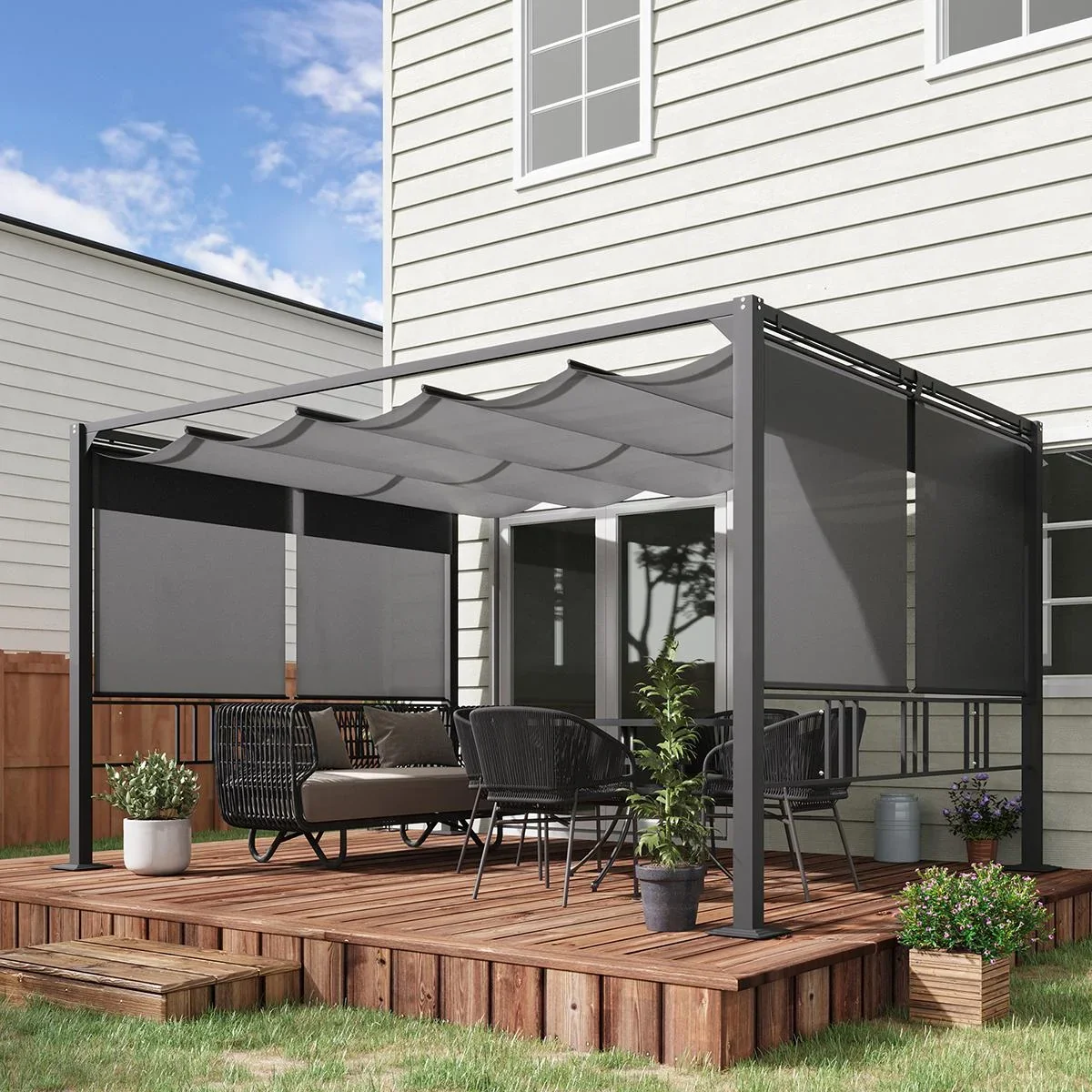 Pergola 3,9 x 2,9 m mit Sonnendach und 4 automatischen Rollläden Wasserdicht Aluminium Polyester Dunkelgrau - 0