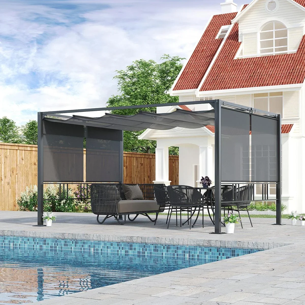 Pergola 3,9 x 2,9 m mit Sonnendach und 4 automatischen Rollläden Wasserdicht Aluminium Polyester Dunkelgrau - 3