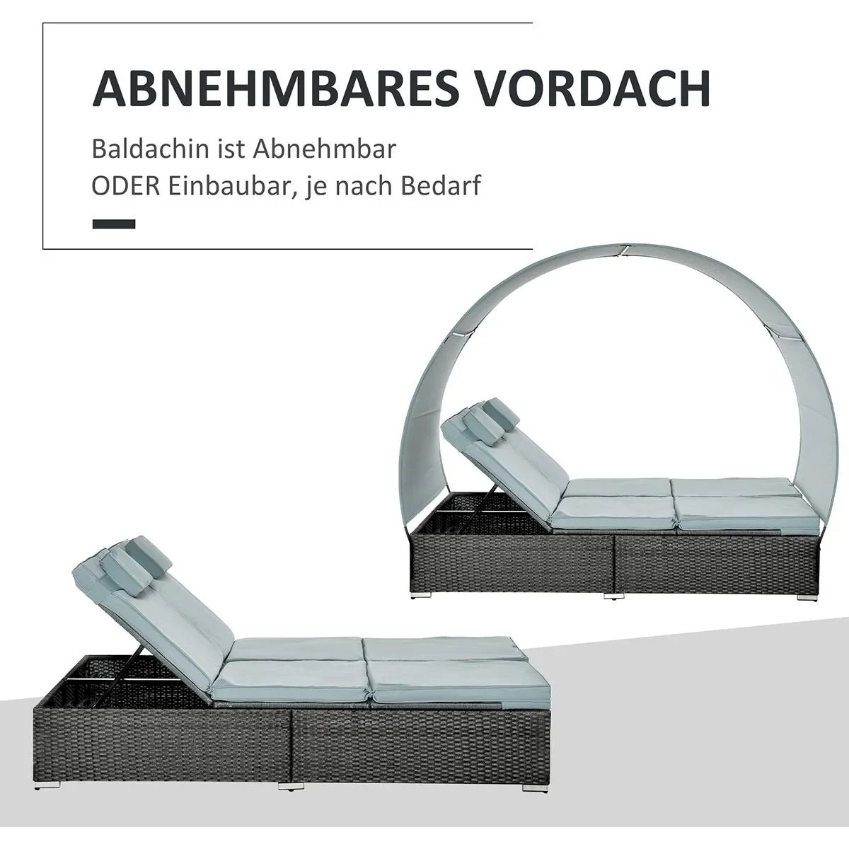 2 Personen Gartenliege mit Sonnendach grau - 0