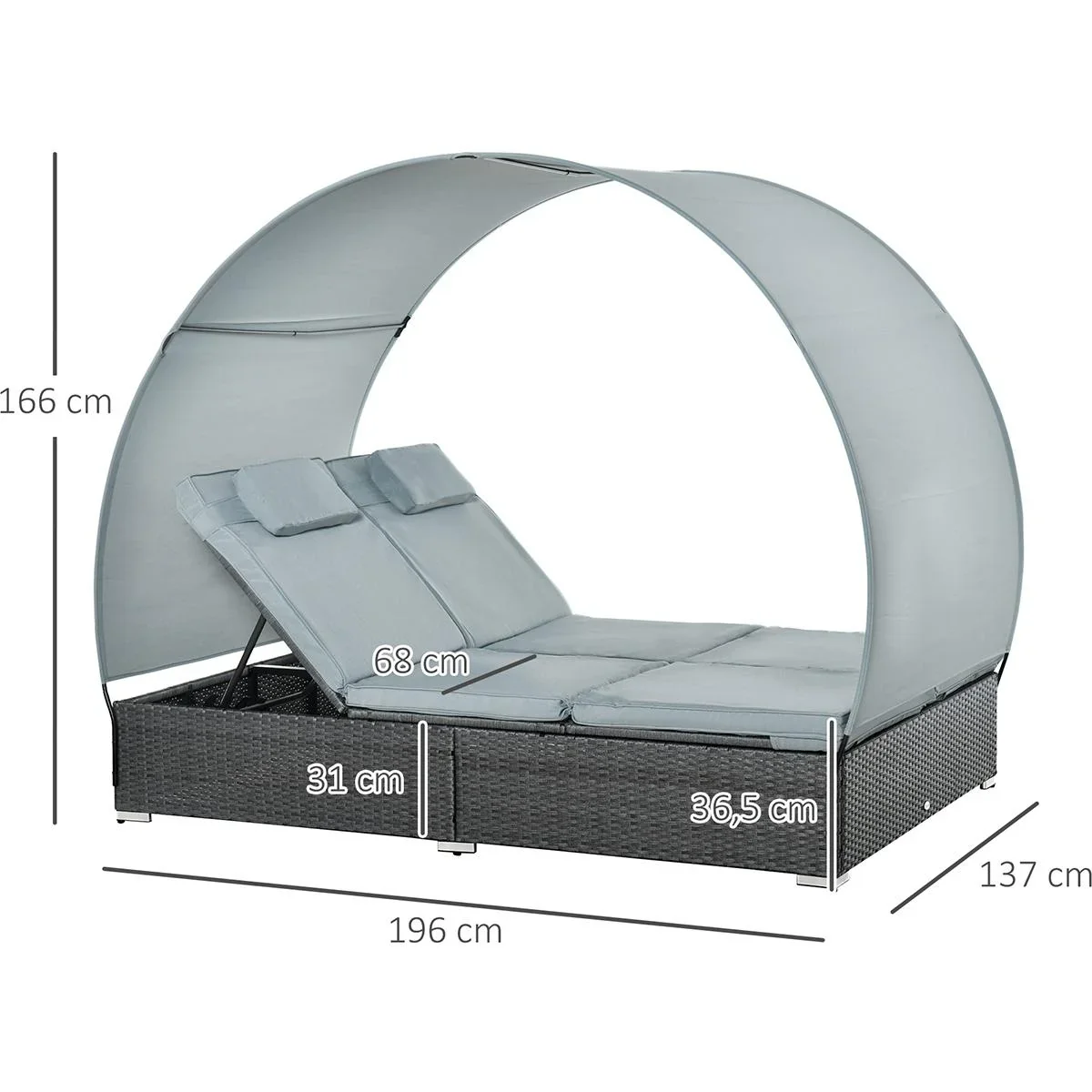 2 Personen Gartenliege mit Sonnendach grau - 1