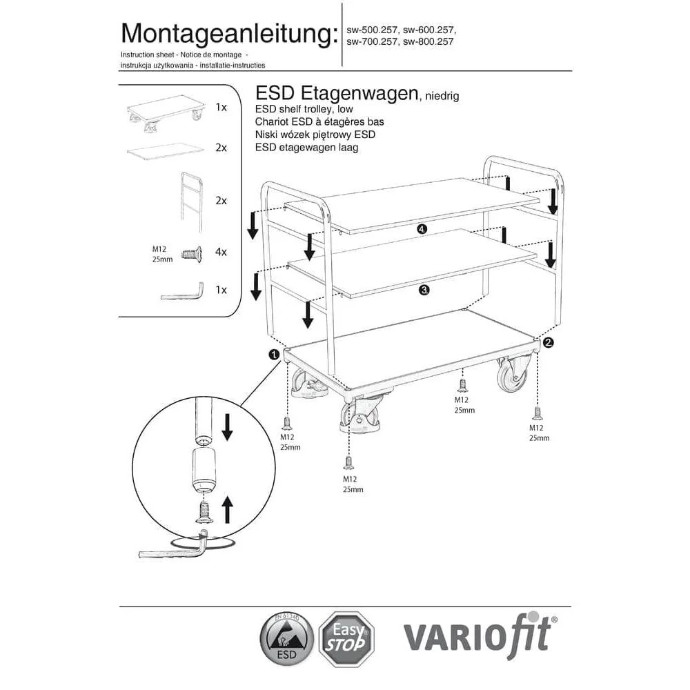 ESD Etagenwagen mit 3 Böden Typ XL + EasySTOP-0