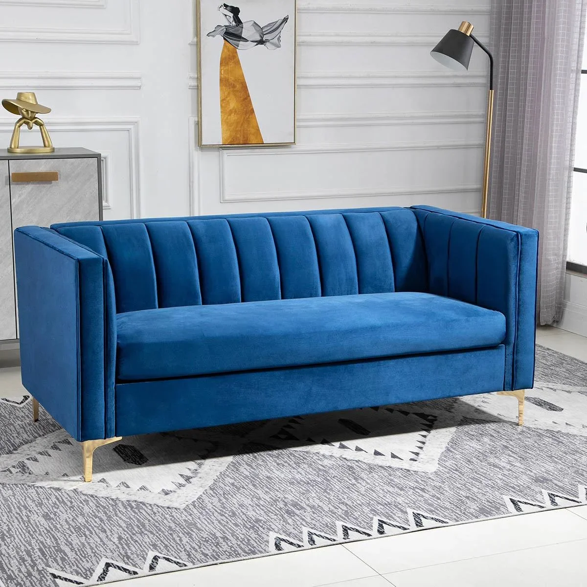 3-Sitzer Sofa Polstersofa Stoffsofa Sitzmöbel Couch Wohnzimmersofa mit Armlehne golden Stahlbeinen Samt-Touch Blau 181 x - 0