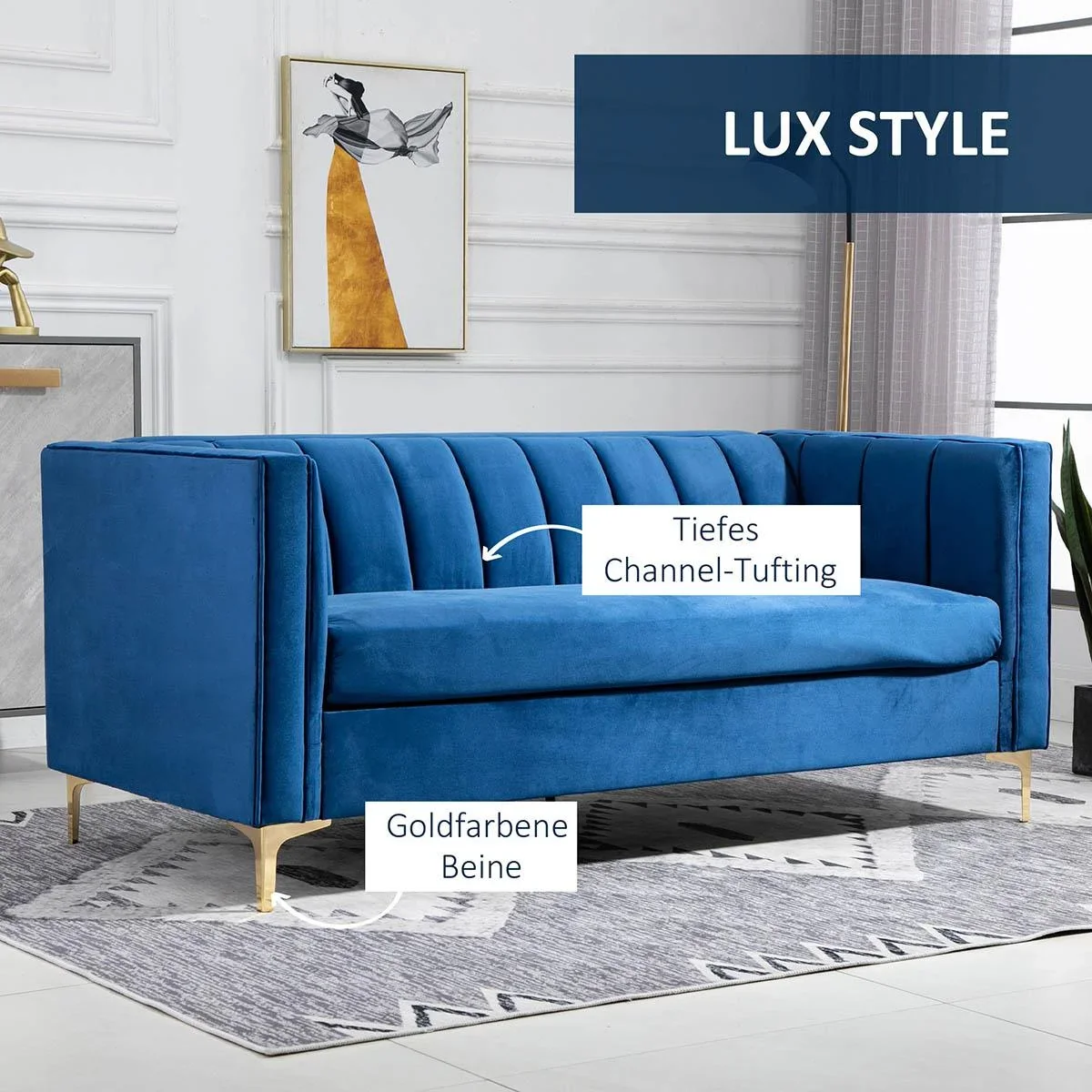 3-Sitzer Sofa Polstersofa Stoffsofa Sitzmöbel Couch Wohnzimmersofa mit Armlehne golden Stahlbeinen Samt-Touch Blau 181 x - 1