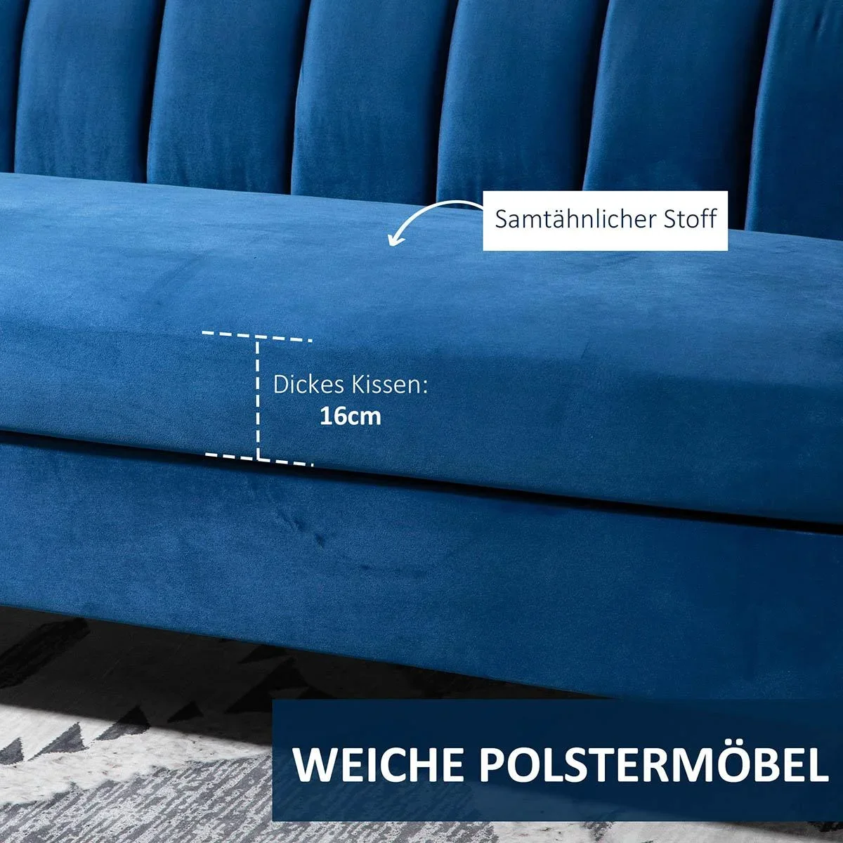 3-Sitzer Sofa Polstersofa Stoffsofa Sitzmöbel Couch Wohnzimmersofa mit Armlehne golden Stahlbeinen Samt-Touch Blau 181 x - 3