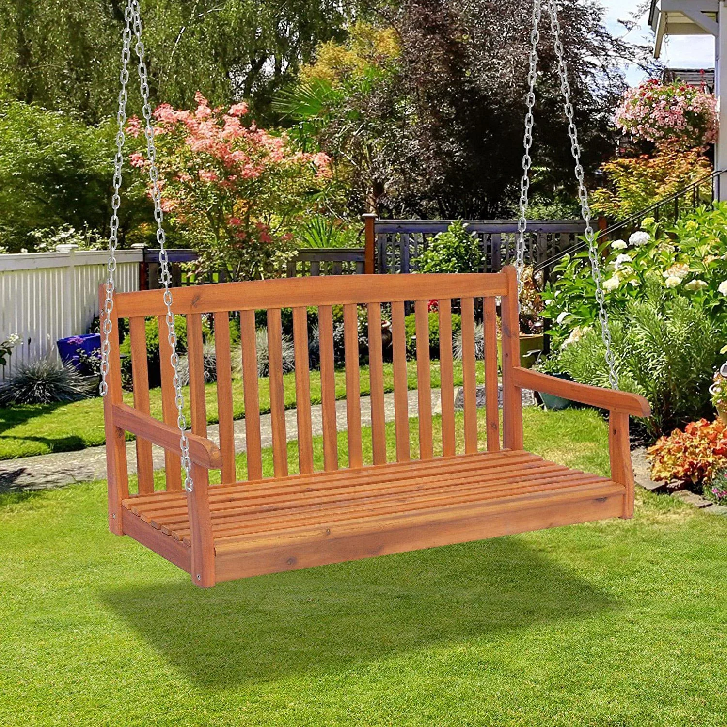 Hängebank Gartenschaukel 2-Sitzer mit Ketten Holz Braun - 4