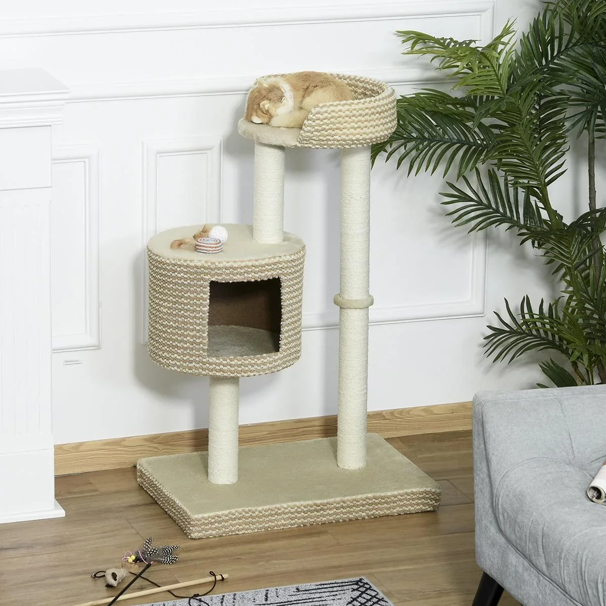 Katzenbaum Kratzbaum Kletterbaum Katzenkratzbaum, kuschelige Aussichtsplattformen, beige und kaffee, Spanplatte, Plüsch, - 2