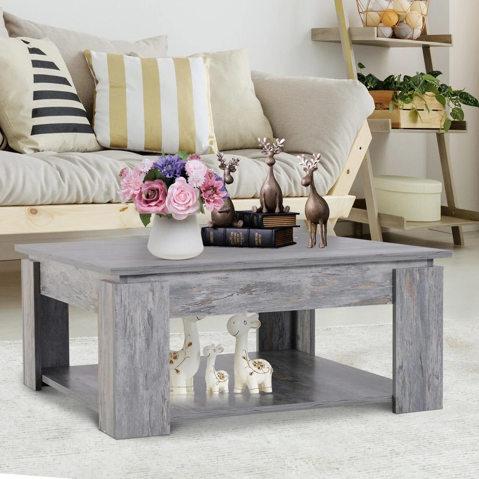 Couchtisch Beistelltisch Holztisch mit Ablage Pinie Shabby 80 x 80 cm - 0