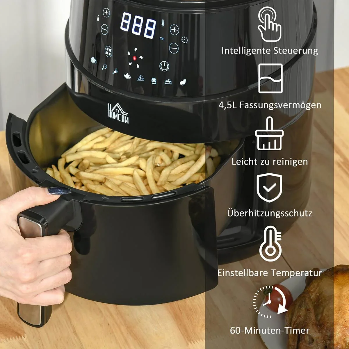 Heißluftfritteuse ohne Öl 4,5 L 1500W Airfryer mit 8 voreingestellte Modi LED-Display Antihaftbeschichteter Korb für ges - 2