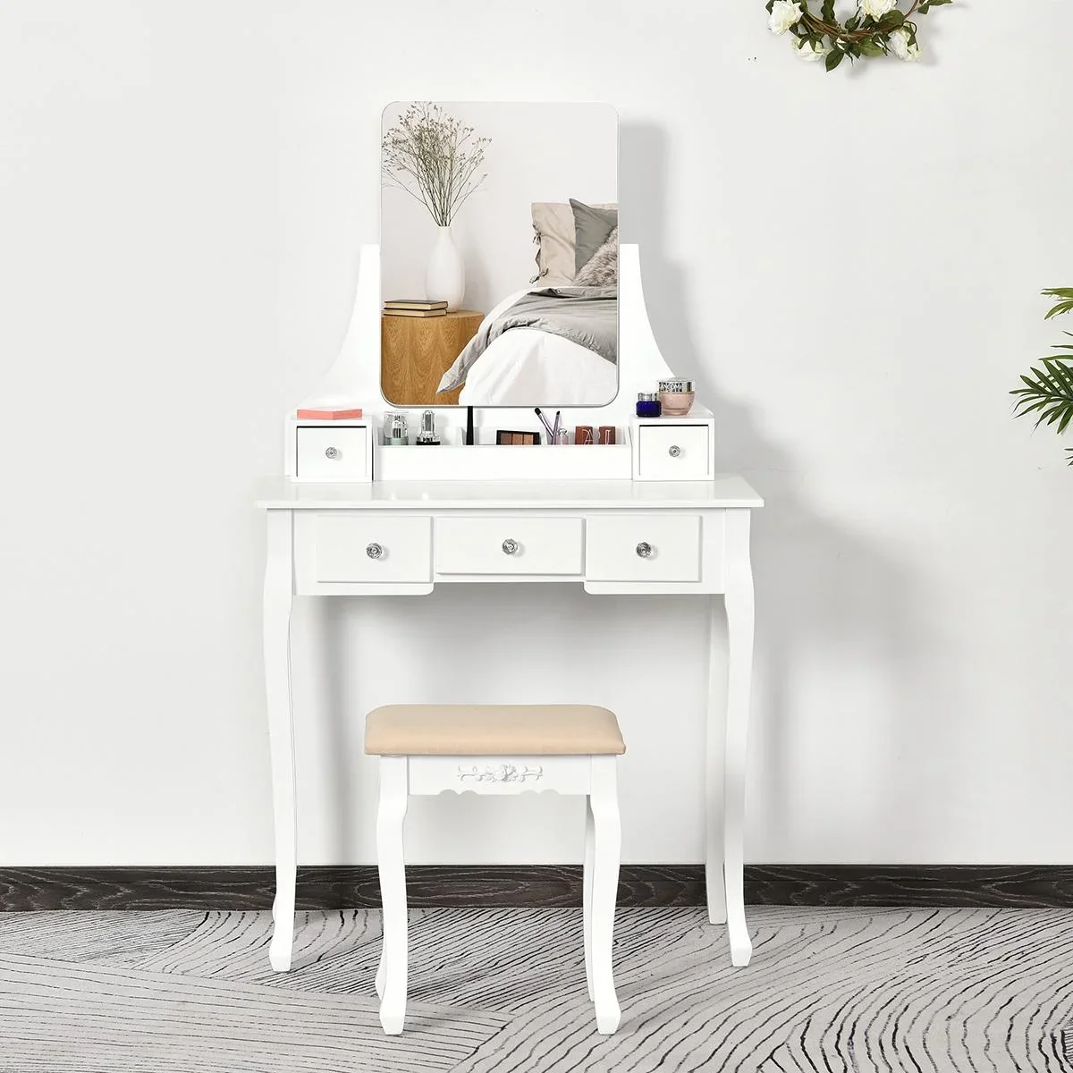 Frisierkommode mit Spiegel und 5 Schubladen, weiß - 2