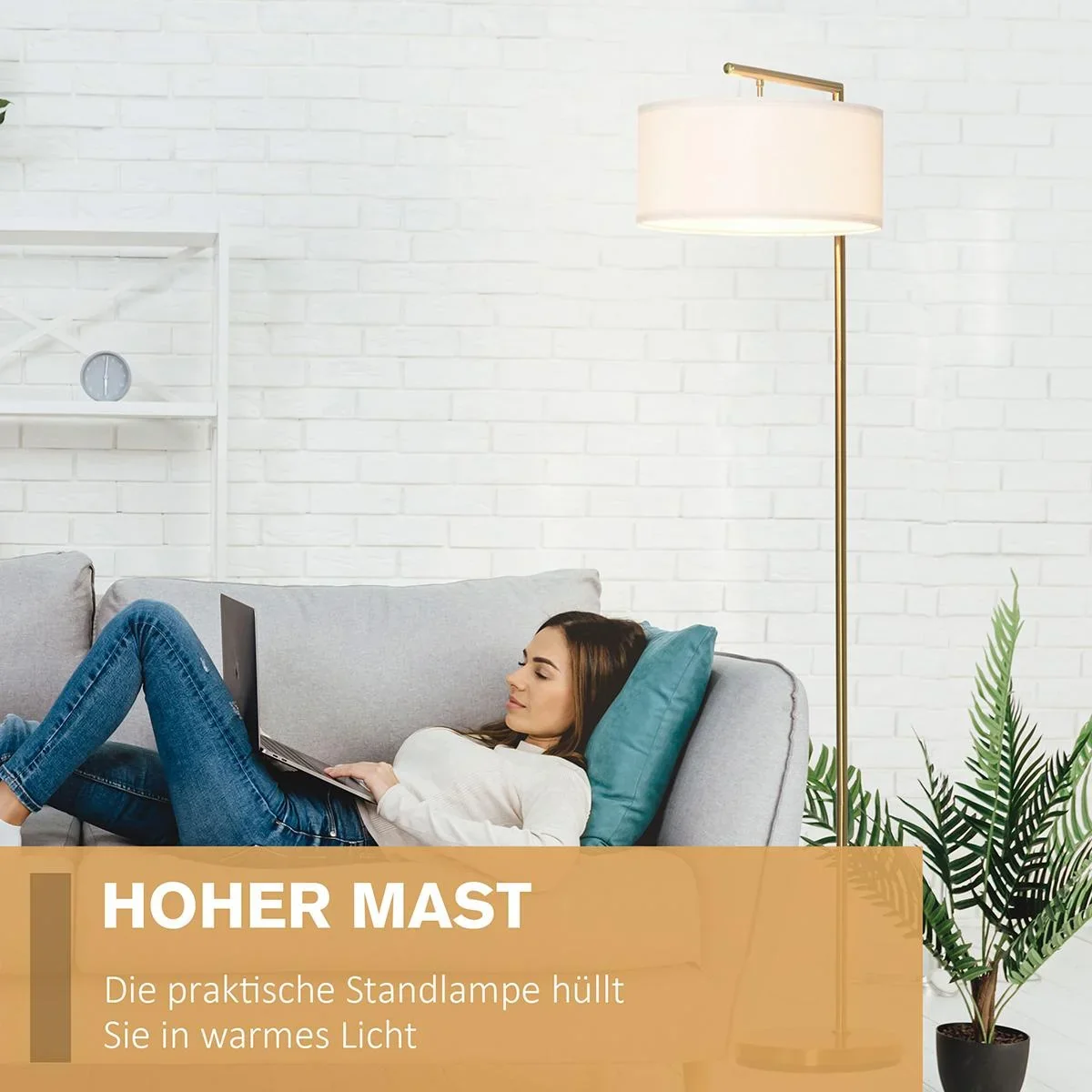Stehlampe mit Leinenstoffschirm gold/weiß - 0