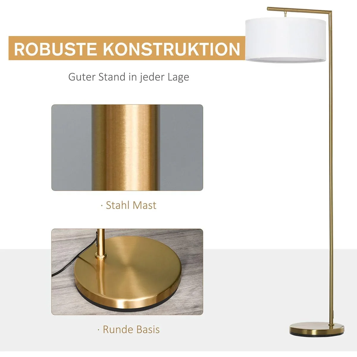 Stehlampe mit Leinenstoffschirm gold/weiß - 2