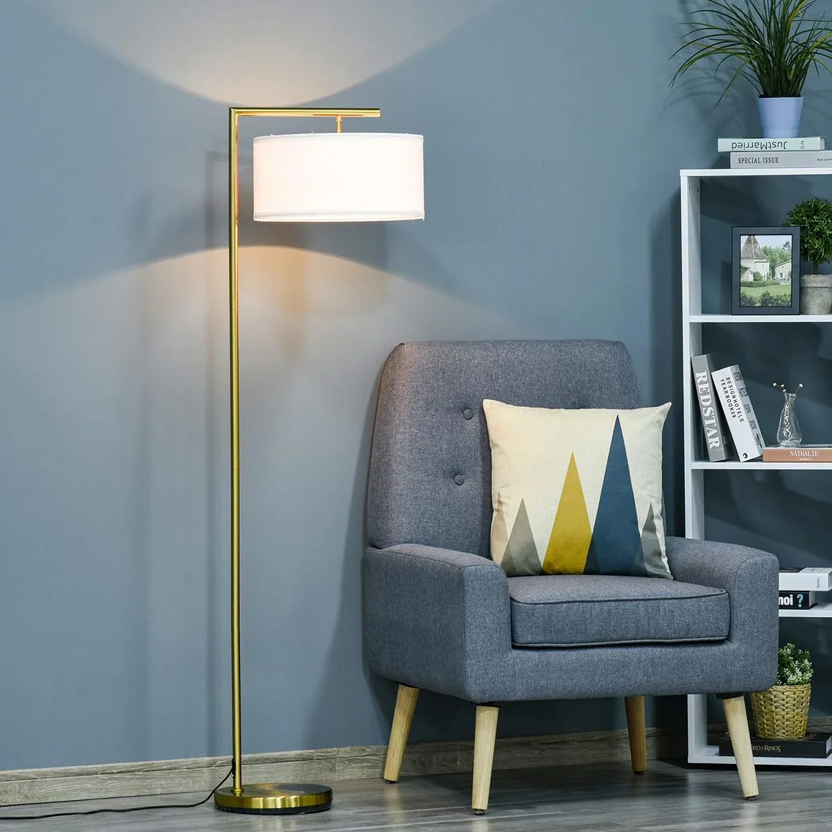 Stehlampe mit Leinenstoffschirm gold/weiß - 3