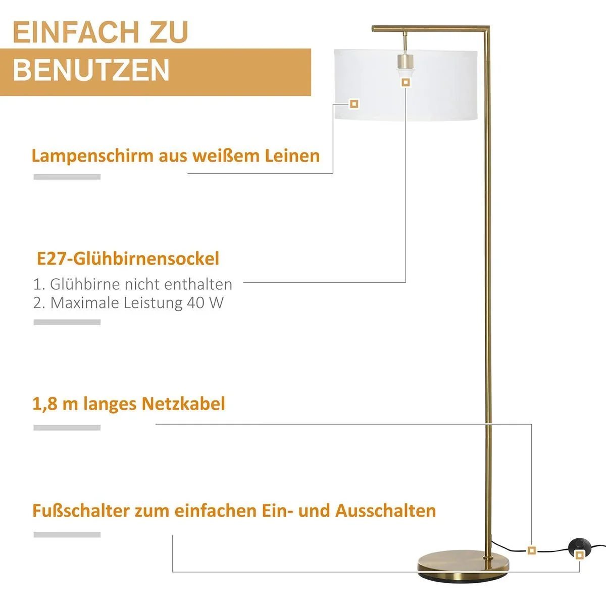 Stehlampe mit Leinenstoffschirm gold/weiß - 4
