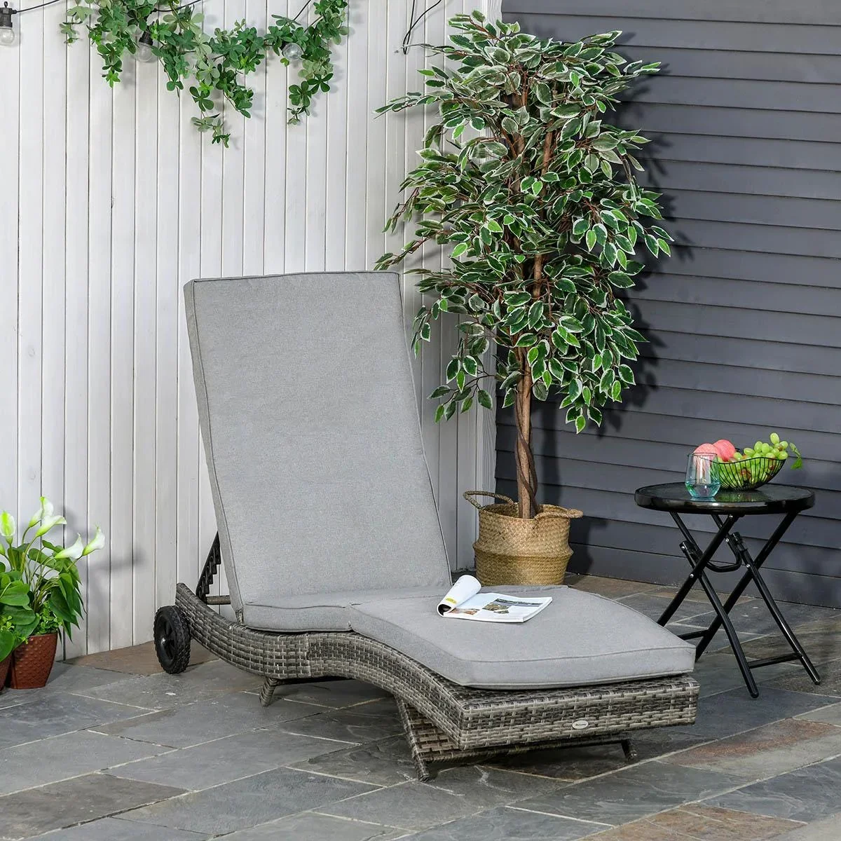 Liegestuhl mit Kissen, Rattanoptik, grau, 207 x 70 x 70 cm - 1