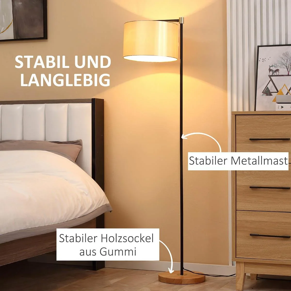 Stehlampe Wohnzimmer Stehleuchte 40W moderne Standleuchte mit E27 Fassung Stoffschirm für Schlafzimmer Büro elegant Gold - 0