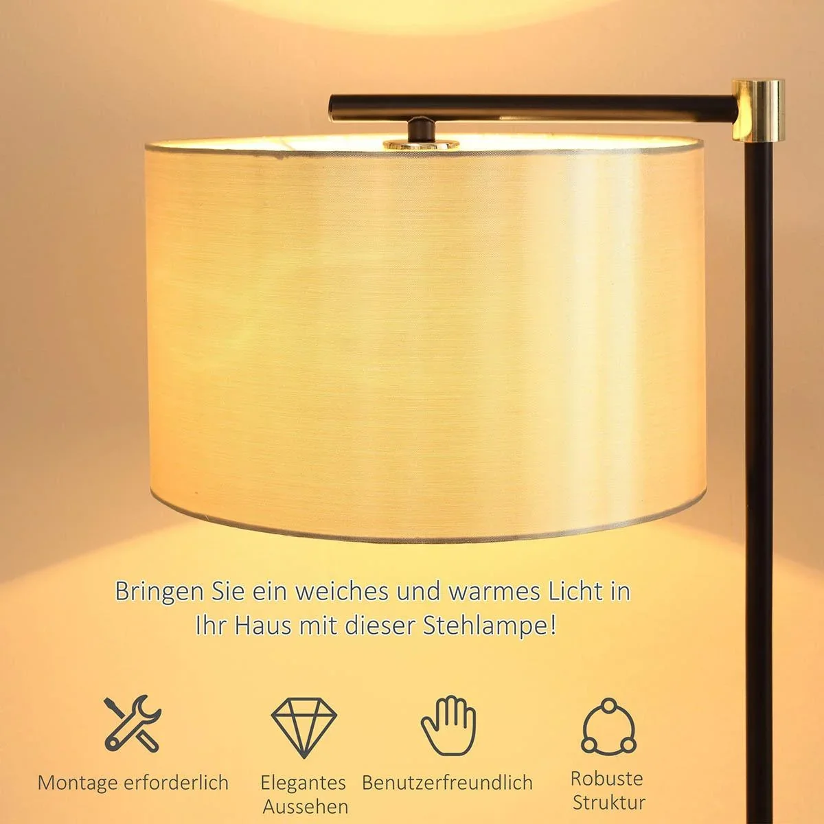 Stehlampe Wohnzimmer Stehleuchte 40W moderne Standleuchte mit E27 Fassung Stoffschirm für Schlafzimmer Büro elegant Gold - 3