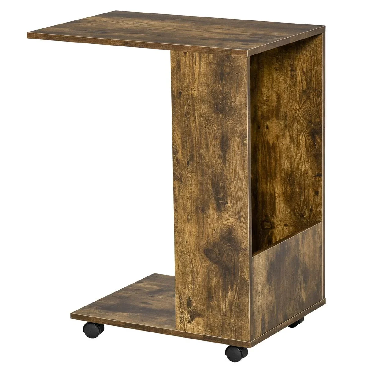 Beistelltisch mit Rädern mobiler Tisch C-Form Couchtisch mit offener Bodenablage seitlichen Staufach Feststellbremsen S - 0
