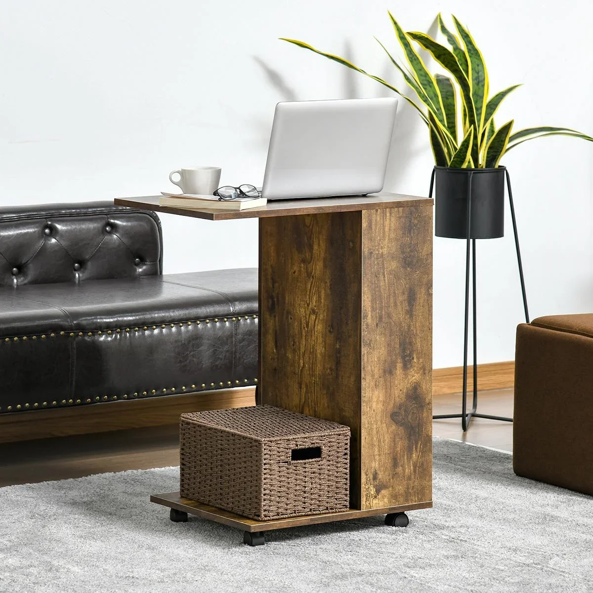 Beistelltisch mit Rädern mobiler Tisch C-Form Couchtisch mit offener Bodenablage seitlichen Staufach Feststellbremsen S - 2