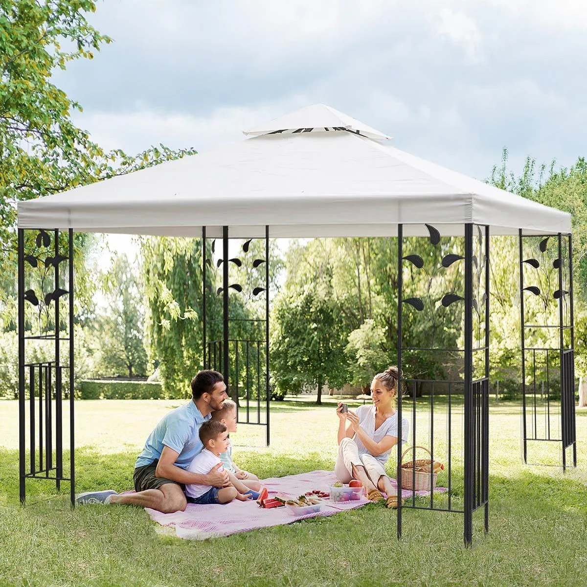 Gartenpavillon mit Blatt-Design Pavillon 2,95 x 2,95 m stahlrahmen Doppeldach atmungsaktiv Partyzelt Festzelt Polyester - 0