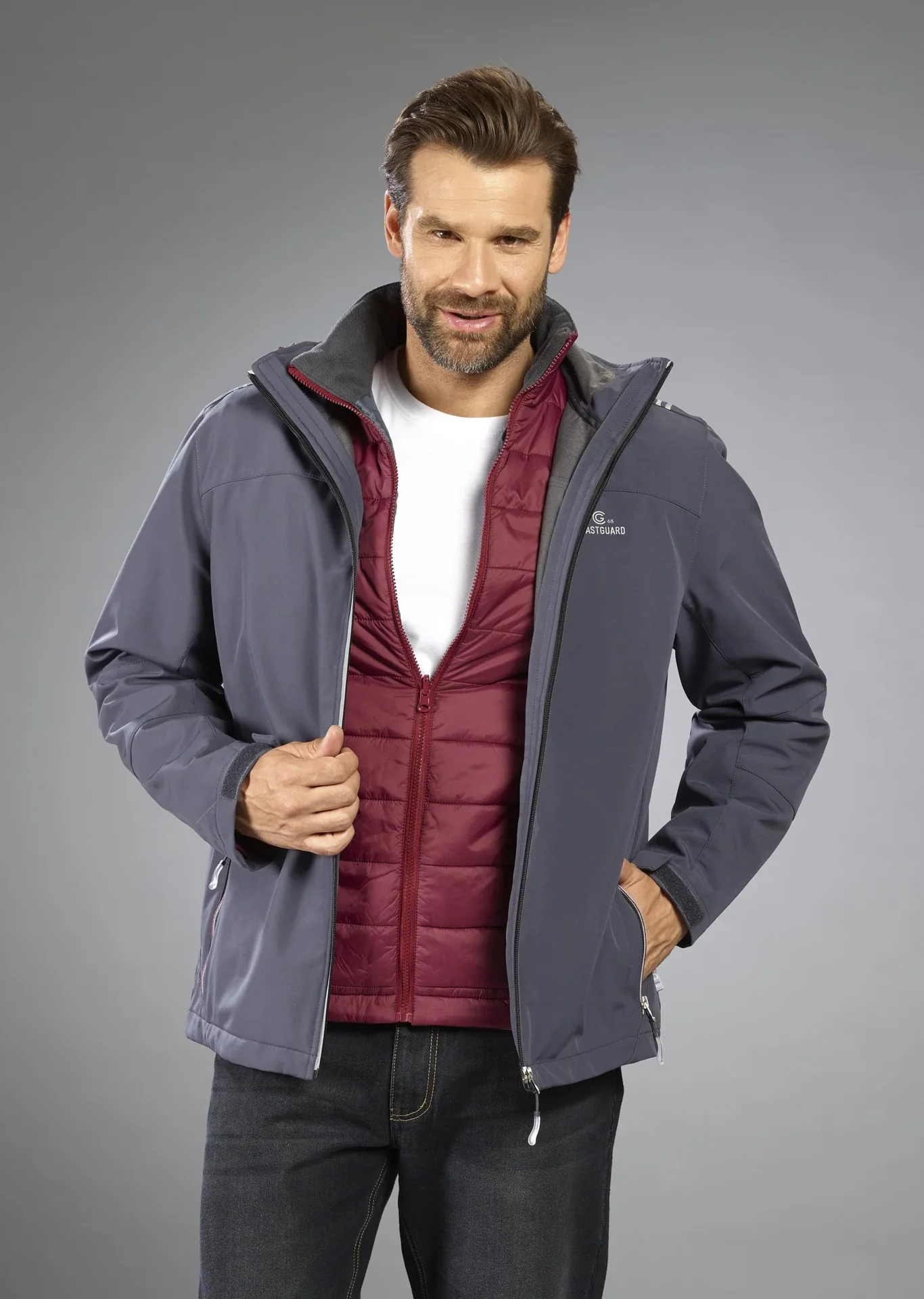 Softshelljacke 2 in 1, mit rausnehmbarer Innenjacke, Frabe grau/bordeaux, Gr.M - 3
