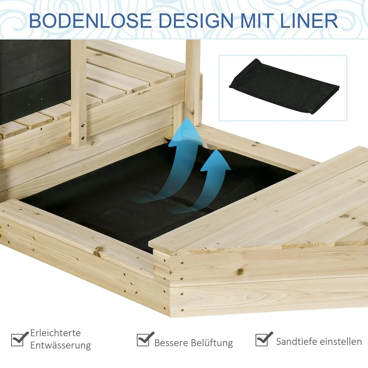Sandkasten mit Abdeckung Schiff Design Matschekiste aus Holz Spielhaus für Kinder 3-8 Jahre Natur 180 x 91,5 x 144 cm - 1