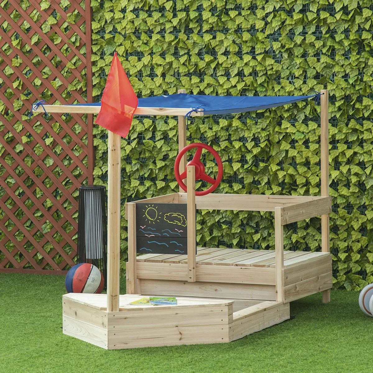 Sandkasten mit Abdeckung Schiff Design Matschekiste aus Holz Spielhaus für Kinder 3-8 Jahre Natur 180 x 91,5 x 144 cm - 2