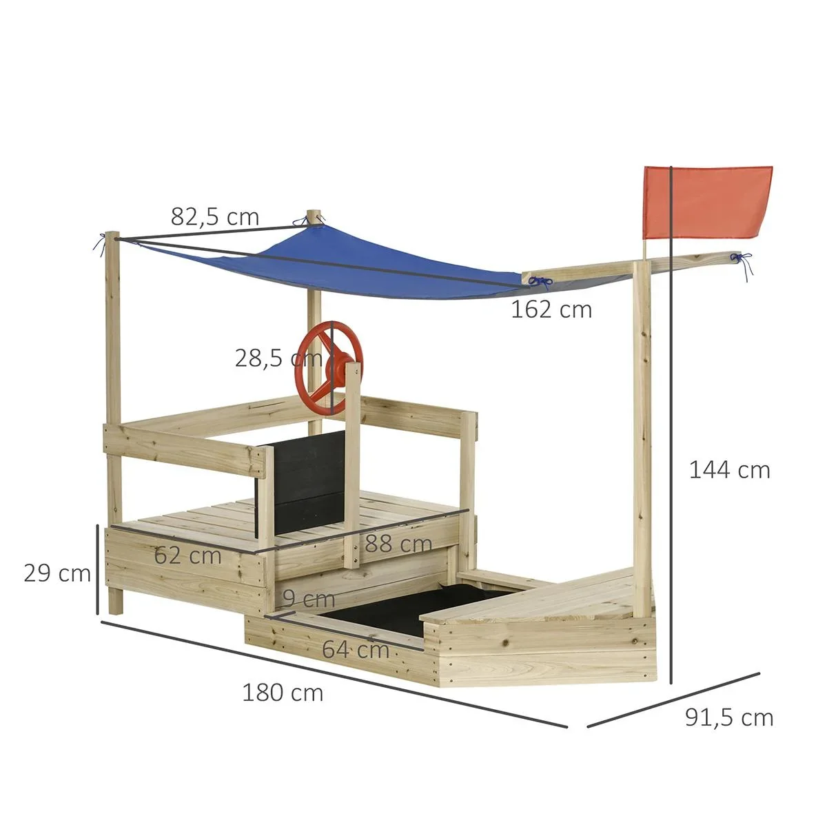 Sandkasten mit Abdeckung Schiff Design Matschekiste aus Holz Spielhaus für Kinder 3-8 Jahre Natur 180 x 91,5 x 144 cm - 3