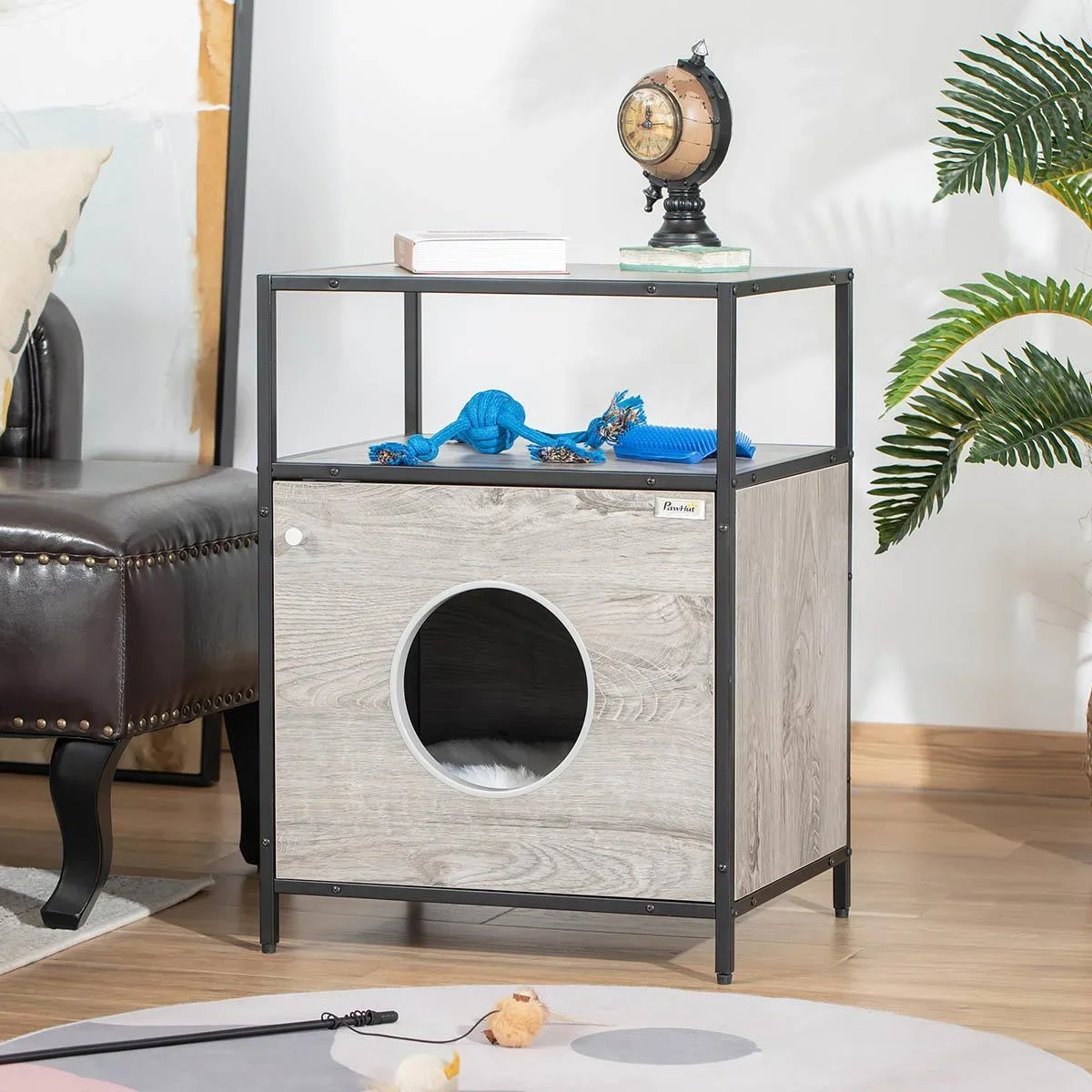 Katzenhöhle Katzenschrank Katzenbett Katzenhaus mit Tür offenem Regal Katzenkommode Beistelltisch Spanplatte Plüsch Grau - 0