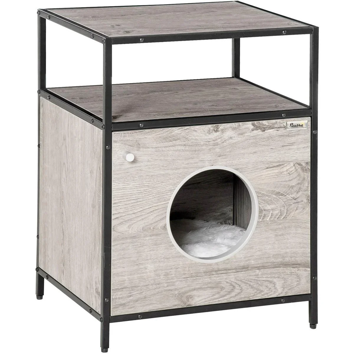 Katzenhöhle Katzenschrank Katzenbett Katzenhaus mit Tür offenem Regal Katzenkommode Beistelltisch Spanplatte Plüsch Grau - 1