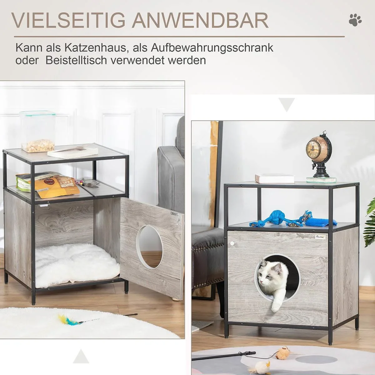Katzenhöhle Katzenschrank Katzenbett Katzenhaus mit Tür offenem Regal Katzenkommode Beistelltisch Spanplatte Plüsch Grau - 2