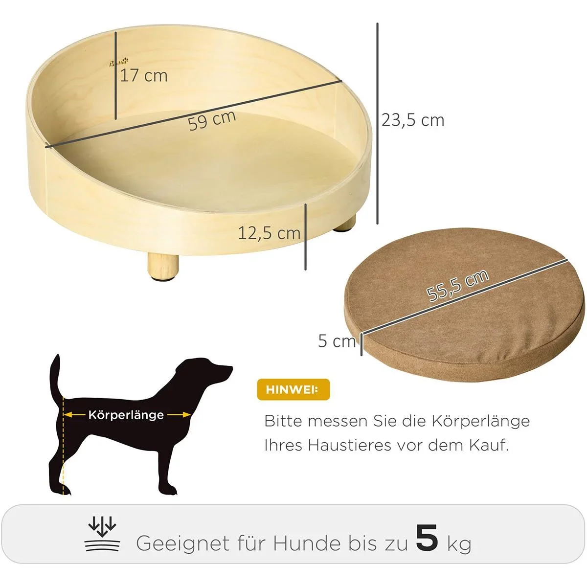 Erhöhtes Hundebett mit Kissen Rund für kleine Hunde Waschbarer Bezug Holzbeine Natur+Hellbraun Ø59 x 23,5 cm - 1