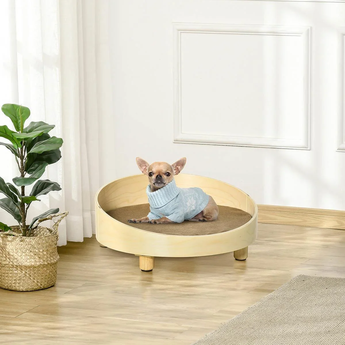 Erhöhtes Hundebett mit Kissen Rund für kleine Hunde Waschbarer Bezug Holzbeine Natur+Hellbraun Ø59 x 23,5 cm - 3