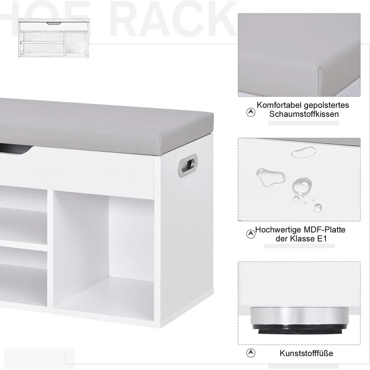 Sitzbank mit Schuhregal und Stauraum unter Polstersitzbank Weiß - 8