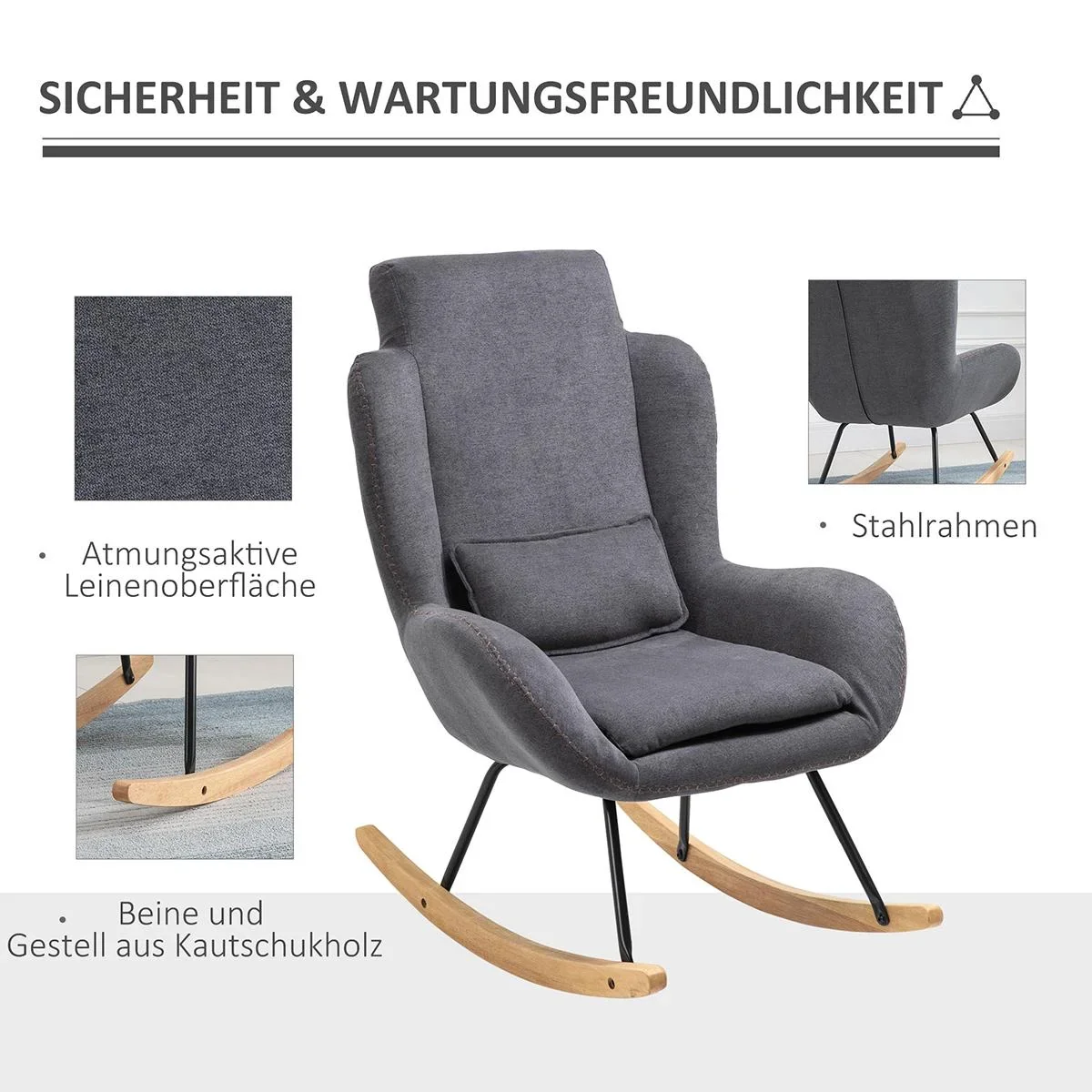 Schaukelstuhl Liegestuhl Lesesessel 90-135° Schaukel Leinen Gummiholz Dunkelgrau 75 x 95 x 110 cm - 1
