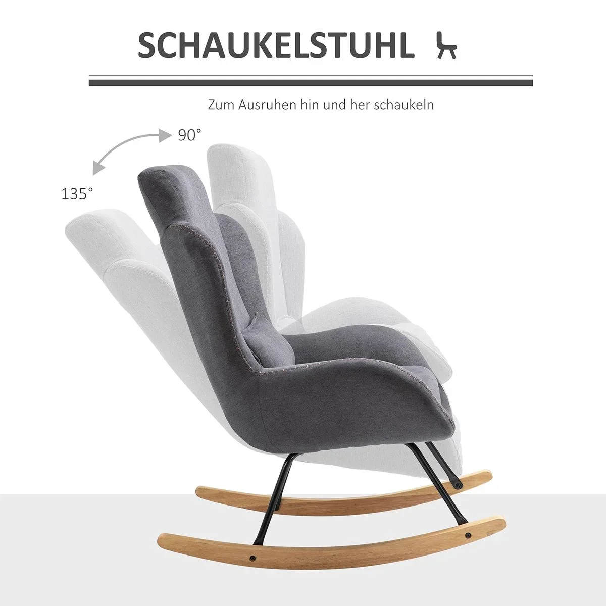 Schaukelstuhl Liegestuhl Lesesessel 90-135° Schaukel Leinen Gummiholz Dunkelgrau 75 x 95 x 110 cm - 2