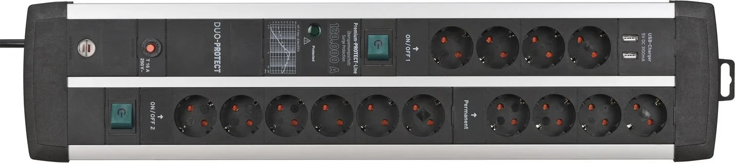 Steckdosenleiste Premium-Protect-Line Duo 14-fach, Überspannungsschutz 120.000A, USB 3.1A, 3m Kabel - 0