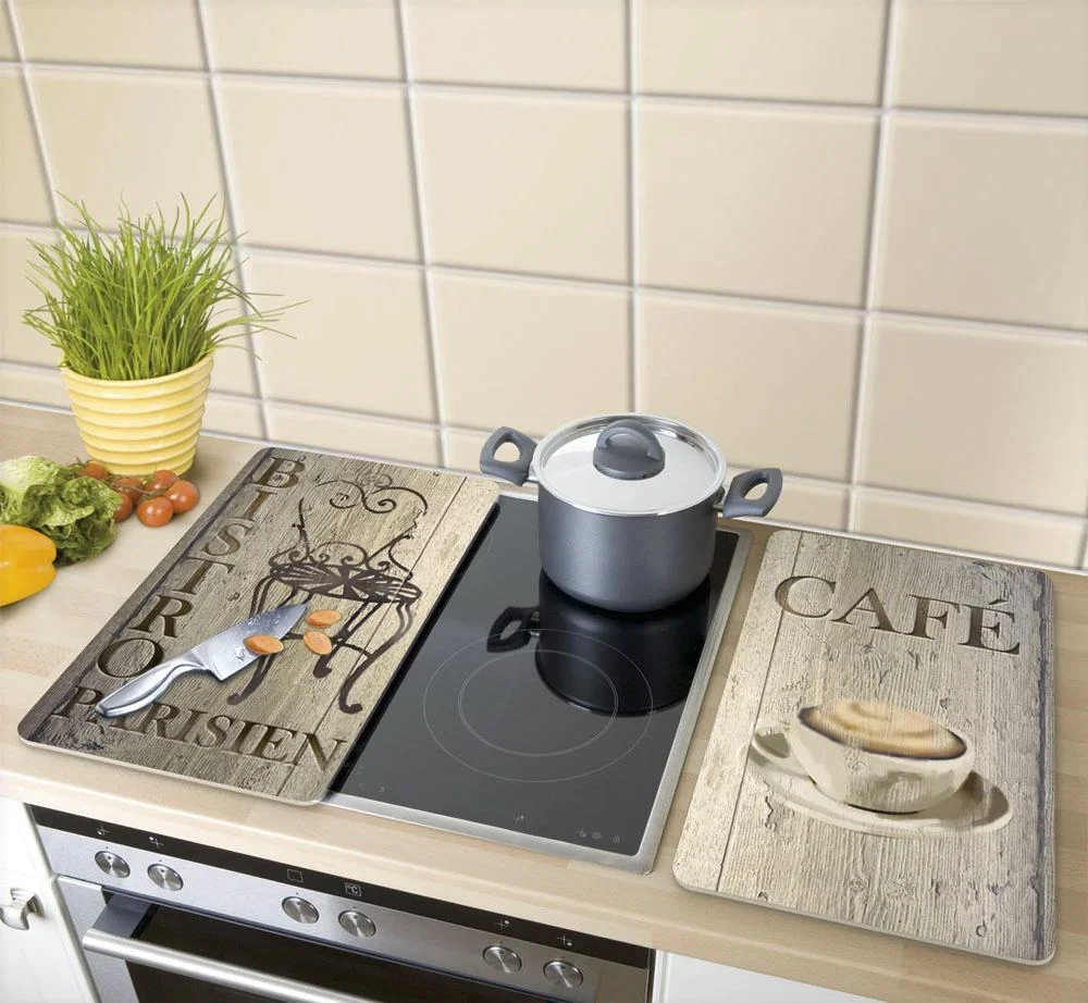 3 in 1 Herd-Abdeckplatten, Schneidbretter, Arbeitsplatten, Glas, Bistro-Design, je 52 x 30 cm, 2er-Set - 0