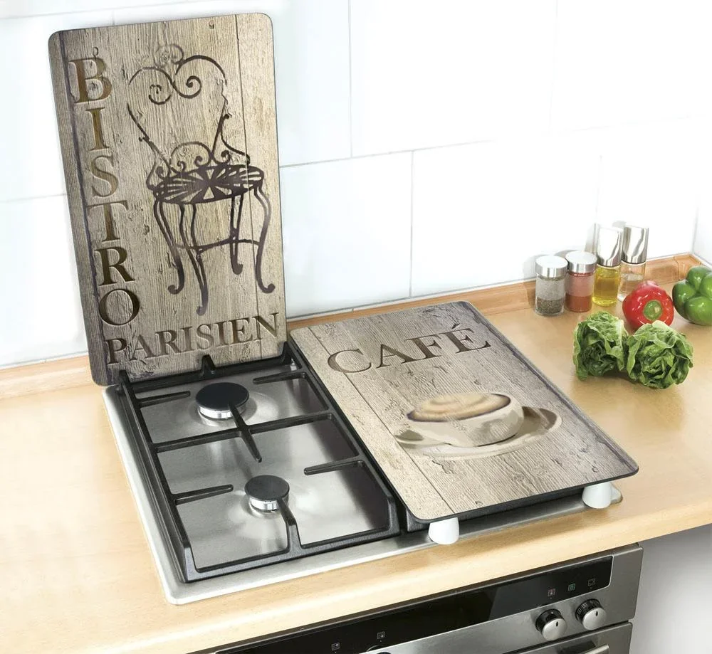 3 in 1 Herd-Abdeckplatten, Schneidbretter, Arbeitsplatten, Glas, Bistro-Design, je 52 x 30 cm, 2er-Set - 4