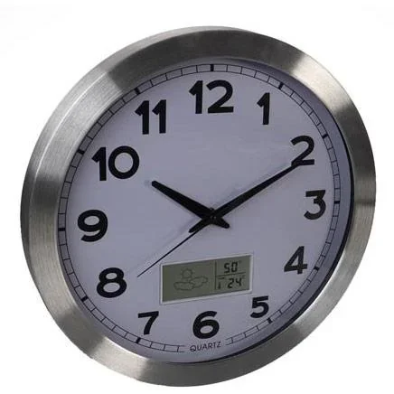 Aluminium Wanduhr mit LCD-Display und Thermometer, Hygrometer & Wettervorhersage - Ø 35 cm - 0