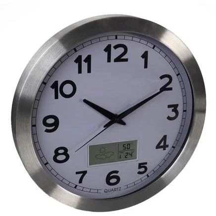 Aluminium Wanduhr mit LCD-Display und Thermometer, Hygrometer & Wettervorhersage - Ø 35 cm - 0