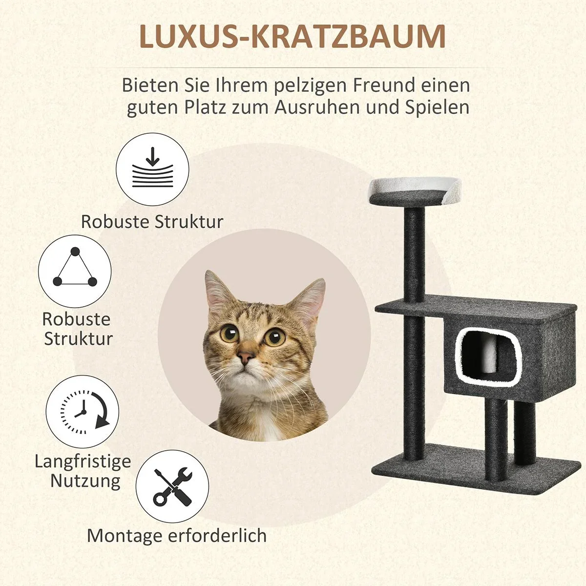 Kratzbaum aus Filz Katzenbaum für Katzen Kletterbaum mit Katzenhöhle Sisalstämmen großer Plattform Spielbälle 112 cm Höh - 1