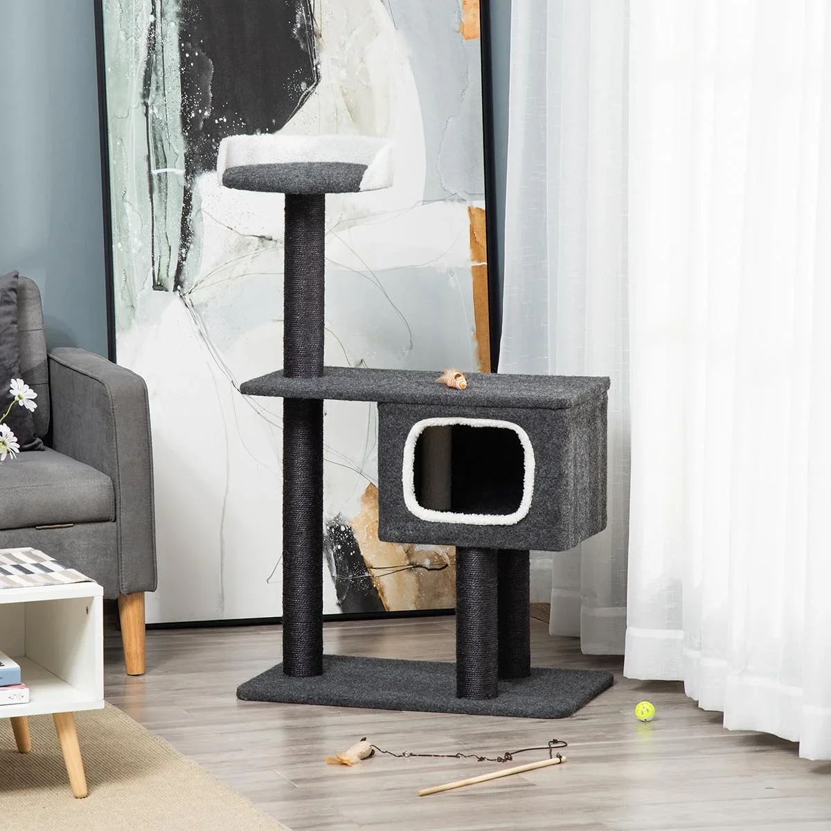 Kratzbaum aus Filz Katzenbaum für Katzen Kletterbaum mit Katzenhöhle Sisalstämmen großer Plattform Spielbälle 112 cm Höh - 4