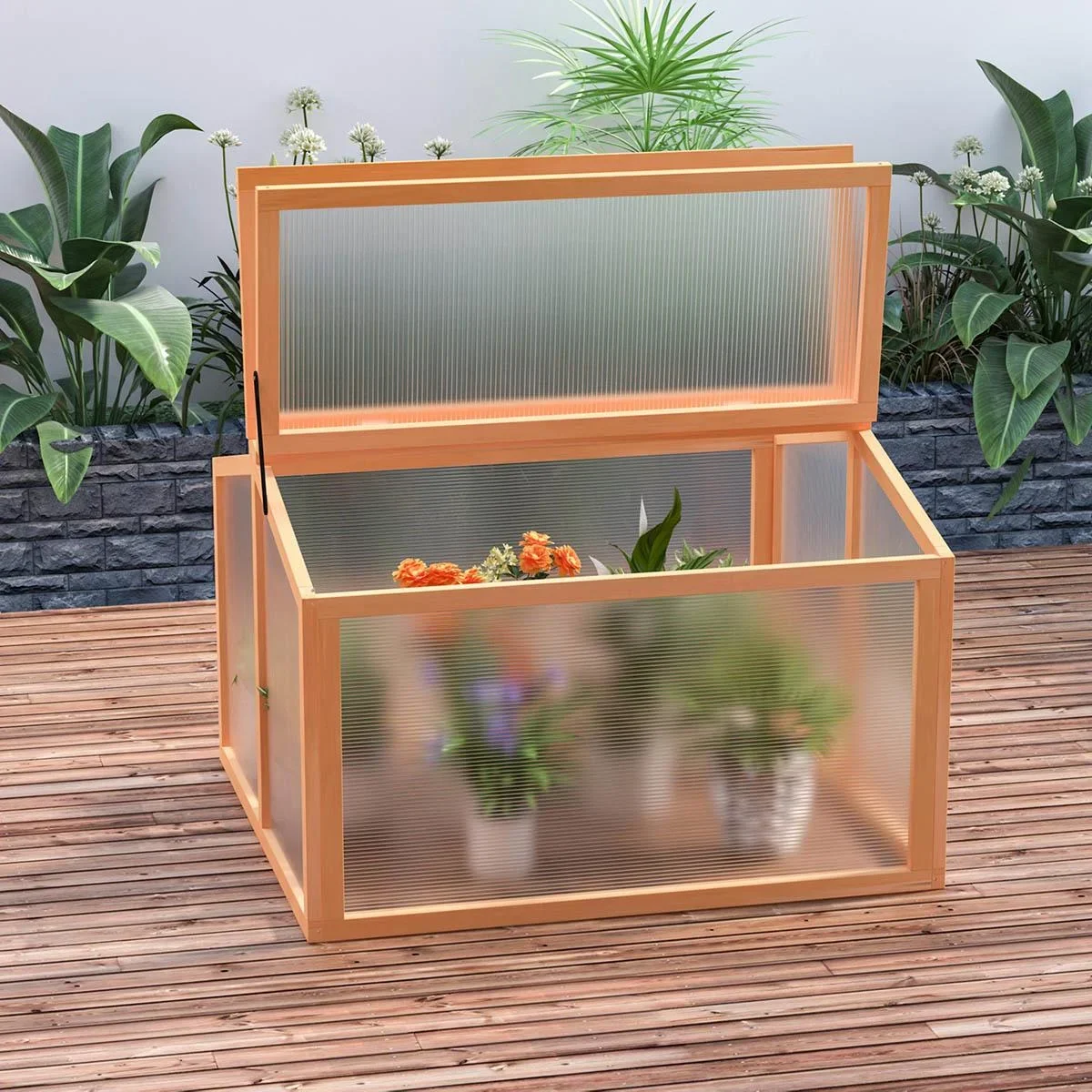 Frühbeet Treibhaus Gewächshaus Frühbeetkasten Pflanzenbeet mit Abdeckung aus Holz und Polycarbonat wetterfest Orange 90 - 1