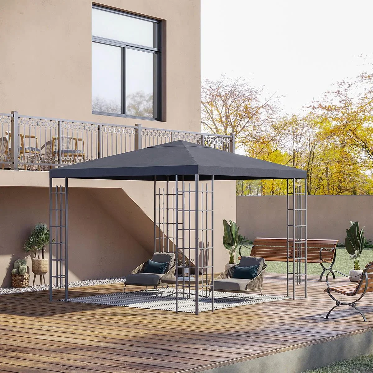 Gartenpavillon 3 x 3 m Pavillon Gartenzelt Partyzelt mit led Lichtern Stahl Polyester grau - 2