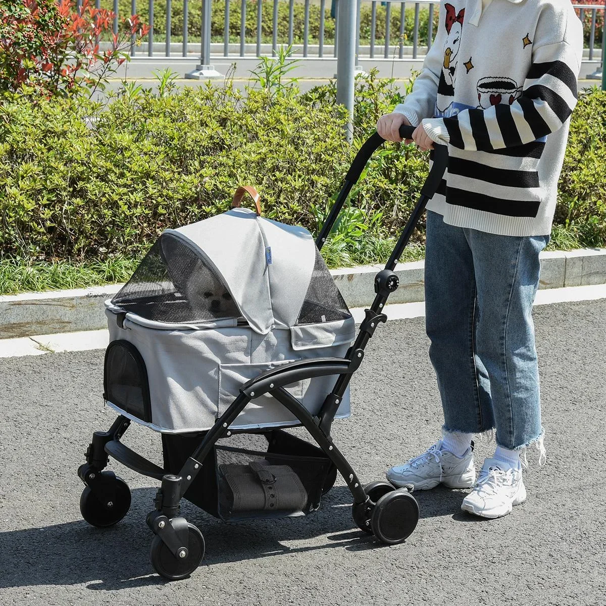 2-in-1 Hundebuggy Transporttasche Katzenbuggy mit Universal Rad abnehmbar Abdeckung Oxford Grau+Schwarz 76,5 x 48 x 99 c - 1