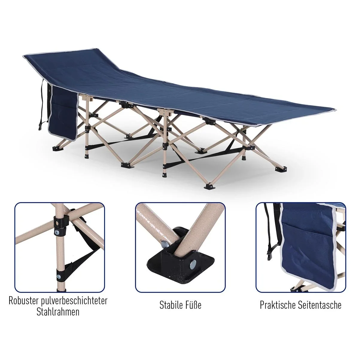 Feldbett mit Aufbewahrungstasche blau/beige - 0