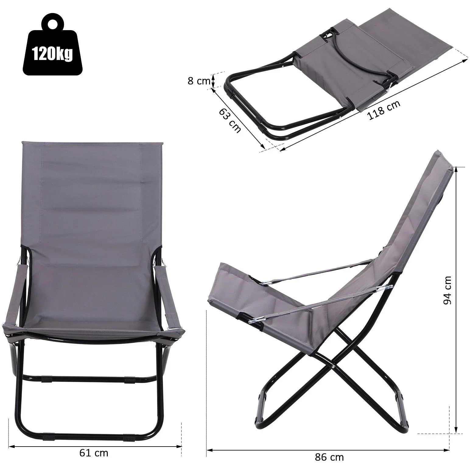 Klappstuhl Campingstuhl Gartenstuhl Polstersessel Strand Balkon faltbar Grau 86 x 61 x 94 cm - 5