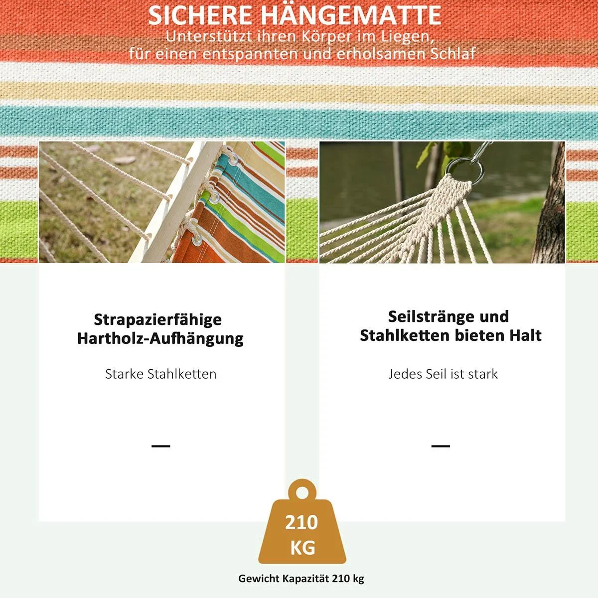 Hängesitz Hängestuhl Hängesessel Hängematte Schaukel Schwebesessel 188 x 140 cm Bunt gestreift - 3
